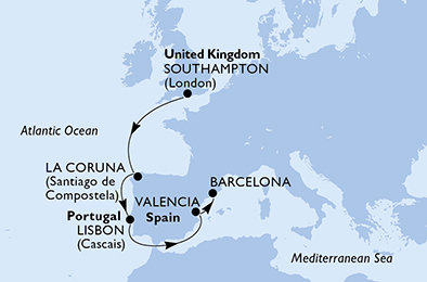 Veľká Británia, Španielsko, Portugalsko zo Southamptonu na lodi MSC Bellissima