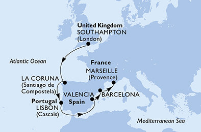 Veľká Británia, Španielsko, Portugalsko, Francúzsko zo Southamptonu na lodi MSC Bellissima