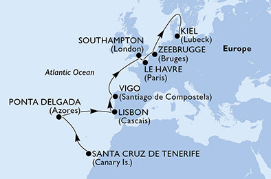 Španielsko, Portugalsko, Veľká Británia, Francúzsko, Belgicko, Nemecko z Tenerife na lodi MSC Preziosa