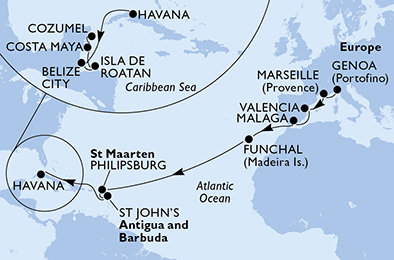 Taliansko, Francúzsko, Španielsko, Portugalsko, Svatý Martin, Antigua a Barbuda, Kuba, Belize, Honduras, Mexiko z Janova na lodi MSC Opera
