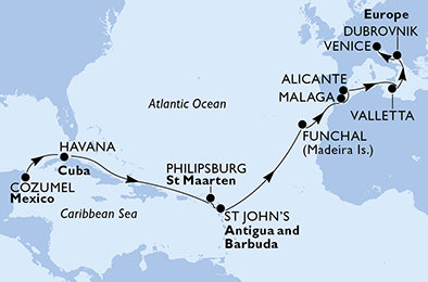 Mexiko, Kuba, Svatý Martin, Antigua a Barbuda, Portugalsko, Španielsko, Malta, Chorvátsko, Taliansko z Cozumelu na lodi MSC Opera