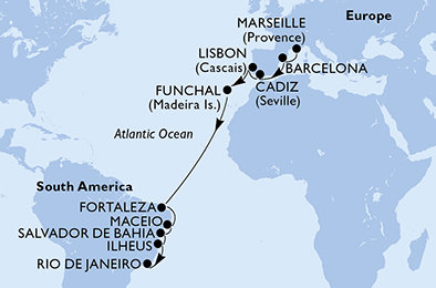 Francúzsko, Španielsko, Portugalsko, Brazília z Marseille na lodi MSC Poesia