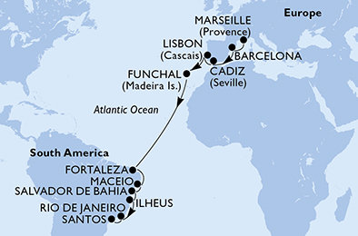 Francúzsko, Španielsko, Portugalsko, Brazília z Marseille na lodi MSC Poesia