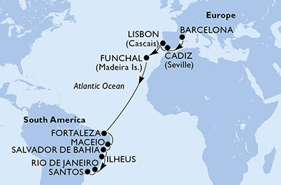 Španielsko, Portugalsko, Brazília z Barcelony na lodi MSC Poesia