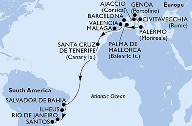 Španielsko, Francúzsko, Taliansko, Brazília z Barcelony na lodi MSC Seaview