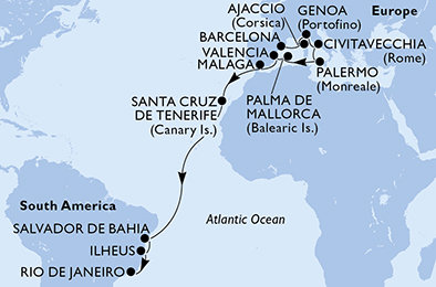 Španielsko, Francúzsko, Taliansko, Brazília z Barcelony na lodi MSC Seaview