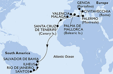 Taliansko, Španielsko, Brazília z Janova na lodi MSC Seaview