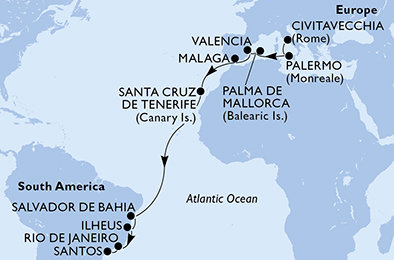Taliansko, Španielsko, Brazília z Civitavechie na lodi MSC Seaview