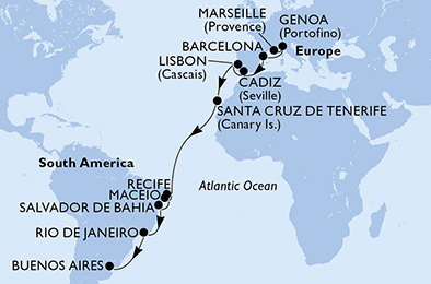 Francúzsko, Taliansko, Španielsko, Portugalsko, Brazília, Argentína z Marseille na lodi MSC Musica