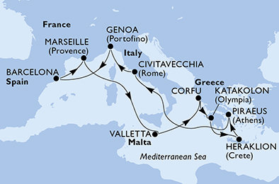 Taliansko, Španielsko, Francúzsko, Malta, Grécko z Janova na lodi MSC Poesia