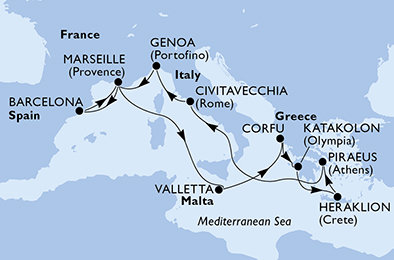 Španielsko, Francúzsko, Malta, Grécko, Taliansko z Barcelony na lodi MSC Poesia