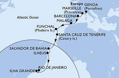 Taliansko, Francúzsko, Španielsko, Portugalsko, Brazília z Janova na lodi MSC Fantasia