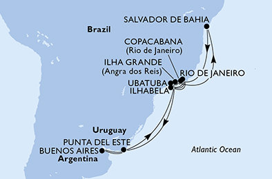 Argentína, Uruguaj, Brazília z Buenos Aires na lodi MSC Fantasia