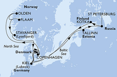 Nemecko, Dánsko, Nórsko, Estónsko, Rusko, Fínsko z Kielu na lodi MSC Meraviglia