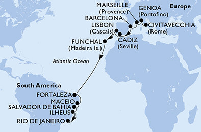 Taliansko, Francúzsko, Španielsko, Portugalsko, Brazília z Civitavechie na lodi MSC Poesia