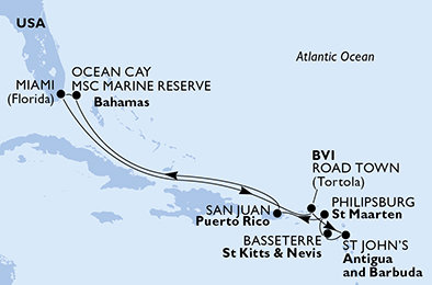 USA, Britské Panenské ostrovy, Antigua a Barbuda, Svätý Krištof a Nevis, Svatý Martin, Bahamy z Miami na lodi MSC Divina