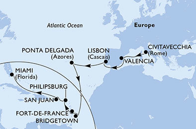 Taliansko, Španielsko, Portugalsko, Barbados, Martinik, Svatý Martin, USA z Civitavechie na lodi MSC Divina
