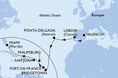 Španielsko, Portugalsko, Barbados, Martinik, Svatý Martin, USA z Valencie na lodi MSC Divina