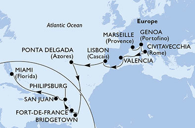 Francúzsko, Taliansko, Španielsko, Portugalsko, Barbados, Martinik, Svatý Martin, USA z Marseille na lodi MSC Divina