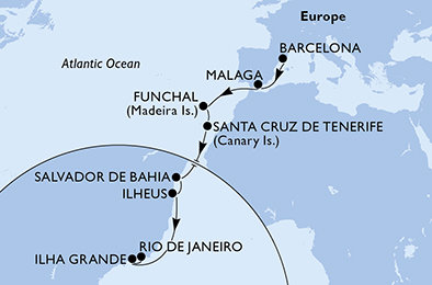 Španielsko, Portugalsko, Brazília z Barcelony na lodi MSC Fantasia