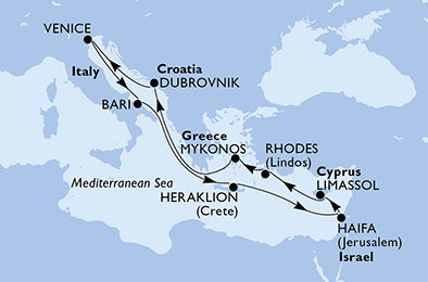 Taliansko, Grécko, Izrael, Cyprus, Chorvátsko z Benátok na lodi MSC Lirica