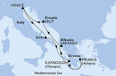 Taliansko, Grécko, Albánsko, Chorvátsko z Bari na lodi MSC Lirica