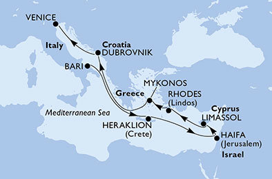 Taliansko, Grécko, Izrael, Cyprus, Chorvátsko z Bari na lodi MSC Lirica