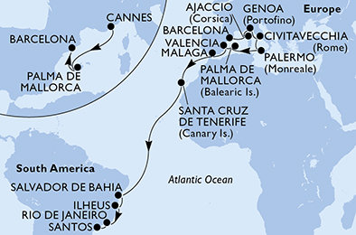 Francúzsko, Španielsko, Taliansko, Brazília z Cannes na lodi MSC Seaview