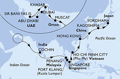 Spojené arabské emiráty, Omán, Indie, Malajzia, Singapur, Vietnam, Čína, Japonsko z Dubaja na lodi MSC Splendida
