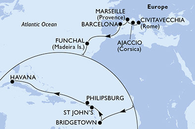 Francúzsko, Španielsko, Portugalsko, Barbados, Antigua a Barbuda, Svatý Martin, Kuba z Ajaccia na lodi MSC Opera