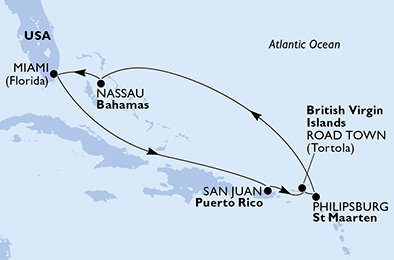 USA, Britské Panenské ostrovy, Svatý Martin, Bahamy z Miami na lodi MSC Divina