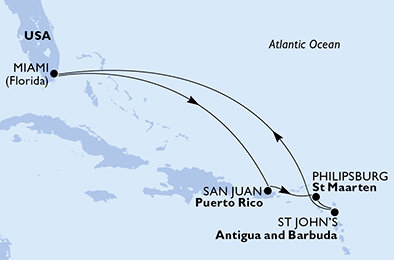 USA, Svatý Martin, Antigua a Barbuda z Miami na lodi MSC Divina