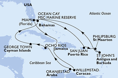 USA, Svatý Martin, Antigua a Barbuda, Curacao, Aruba, Jamajka, Kajmanské ostrovy, Bahamy z Miami na lodi MSC Divina