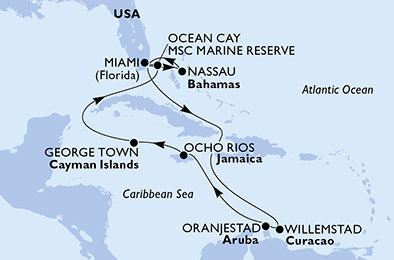 USA, Curacao, Aruba, Jamajka, Kajmanské ostrovy, Bahamy z Miami na lodi MSC Divina