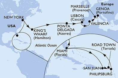 USA, Britské Panenské ostrovy, Svatý Martin, USA - Východné pobrežie, Bermudy, Portugalsko, Španielsko, Francúzsko, Taliansko z Miami na lodi MSC Divina