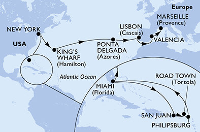 USA, Britské Panenské ostrovy, Svatý Martin, USA - Východné pobrežie, Bermudy, Portugalsko, Španielsko, Francúzsko z Miami na lodi MSC Divina
