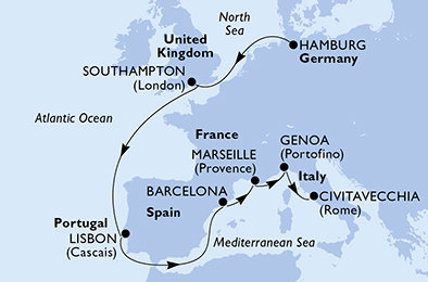 Nemecko, Veľká Británia, Portugalsko, Španielsko, Francúzsko, Taliansko z Hamburgu na lodi MSC Grandiosa