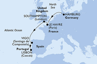 Nemecko, Francúzsko, Veľká Británia, Španielsko, Portugalsko z Hamburgu na lodi MSC Preziosa