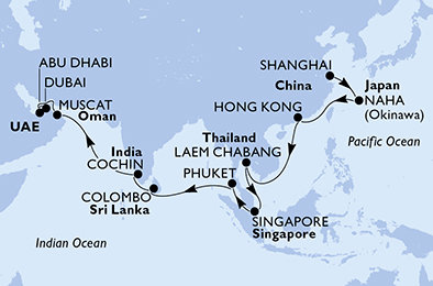 Čína, Japonsko, Thajsko, Singapur, Srí Lanka, India, Omán, Spojené arabské emiráty zo Šanghaja na lodi MSC Splendida