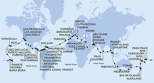 Taliansko, Francúzsko, Španielsko, Portugalsko, Svatý Martin, USA, Curacao, Aruba, Kolumbia, Panama, Kostarika, Nikaragua, Guatemala, Mexiko, Francouzská Polynésie, Americká Samoa, Samoa, Tonga, Fiji, Nový Zéland, Austrália, Singapur, Malajzia, Thajsko, Srí Lanka, Maledivy, Spojené arabské emiráty, Omán, Jordánsko, Egypt, Grécko z Janova na lodi MSC Magnifica