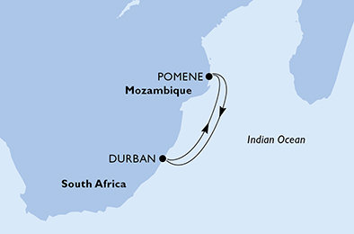 Juhoafrická republika, Mozambik z Durbanu na lodi MSC Orchestra