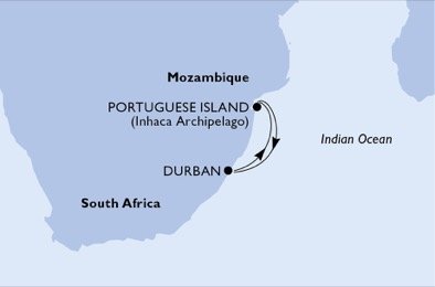 Juhoafrická republika, Mozambik z Durbanu na lodi MSC Orchestra