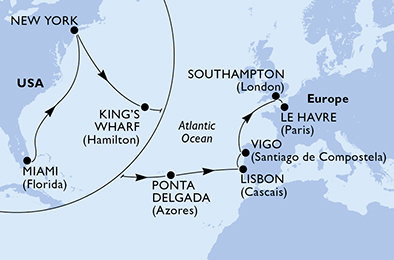 USA, USA - Východné pobrežie, Bermudy, Portugalsko, Španielsko, Veľká Británia, Francúzsko z Miami na lodi MSC Meraviglia