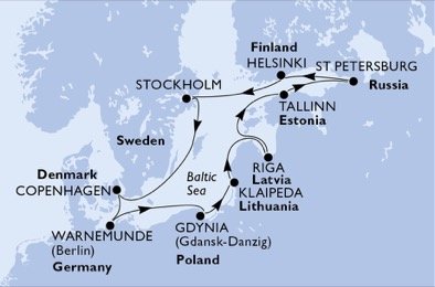 Nemecko, Poľsko, Litva, Lotyšsko, Estónsko, Rusko, Fínsko, Švédsko, Dánsko z Warnemünde na lodi MSC Poesia