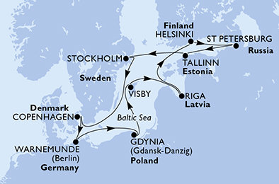 Nemecko, Poľsko, Švédsko, Lotyšsko, Fínsko, Rusko, Estónsko, Dánsko z Warnemünde na lodi MSC Poesia