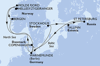 Nemecko, Nórsko, Dánsko, Švédsko, Estónsko, Rusko z Warnemünde na lodi MSC Poesia