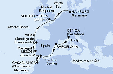 Taliansko, Španielsko, Maroko, Portugalsko, Veľká Británia, Nemecko z Janova na lodi MSC Splendida