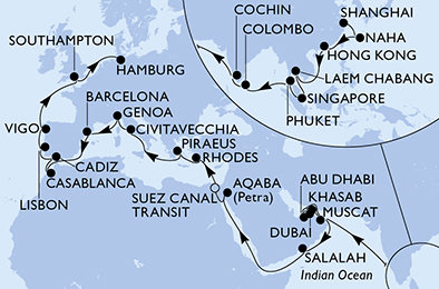 Čína, Japonsko, Thajsko, Singapur, Srí Lanka, India, Omán, Spojené arabské emiráty, Jordánsko, Egypt, Grécko, Taliansko, Španielsko, Maroko, Portugalsko, Veľká Británia, Nemecko zo Šanghaja na lodi MSC Splendida