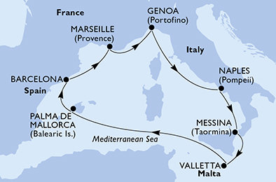 Španielsko, Francúzsko, Taliansko, Malta z Barcelony na lodi MSC Grandiosa