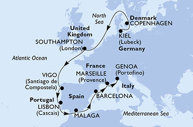 Nemecko, Dánsko, Veľká Británia, Španielsko, Portugalsko, Francúzsko, Taliansko z Kielu na lodi MSC Splendida